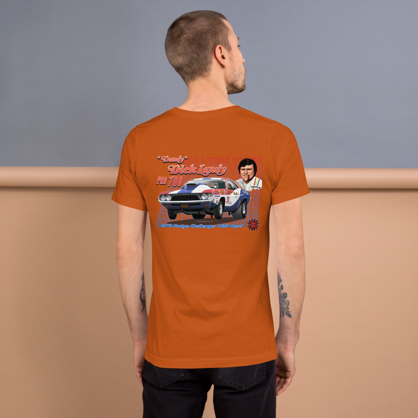 Dick Landy 1972 Challenger Unisex t-shirt design on back