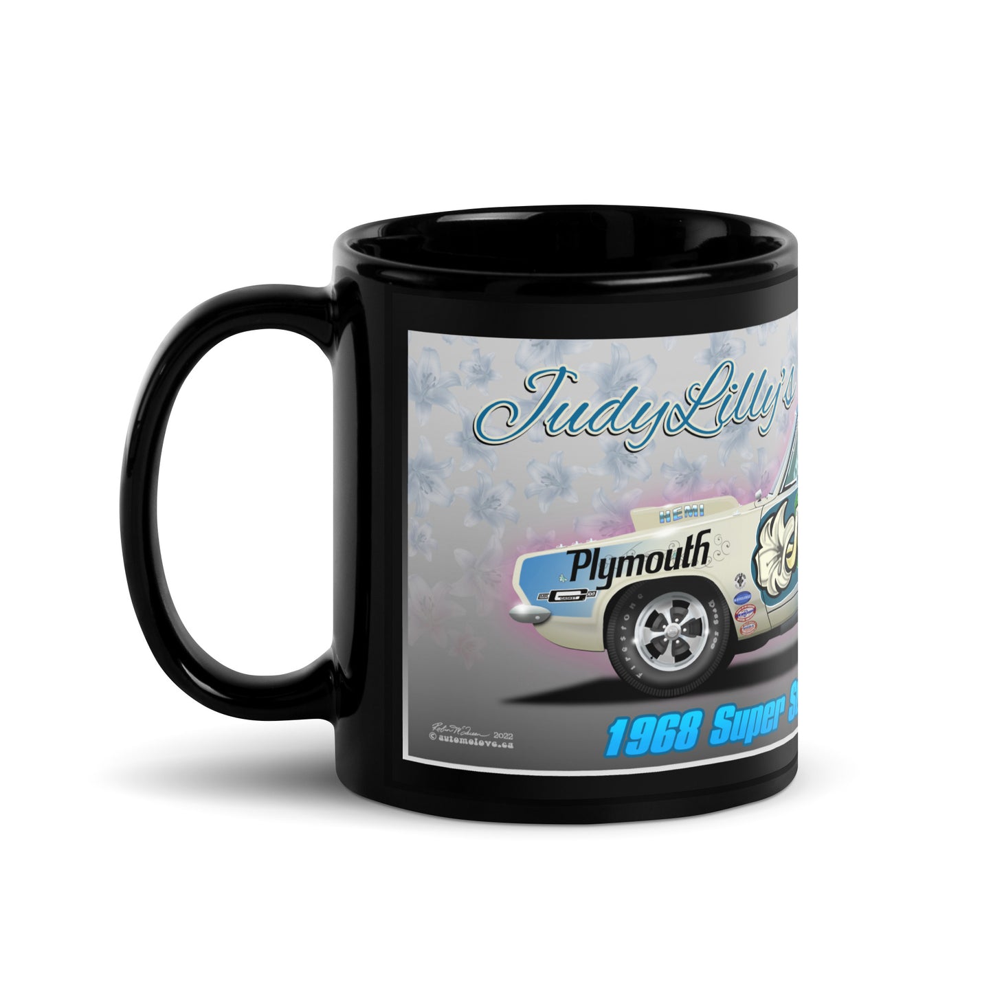 Judy Lilly Flower Car Black Glossy Mug