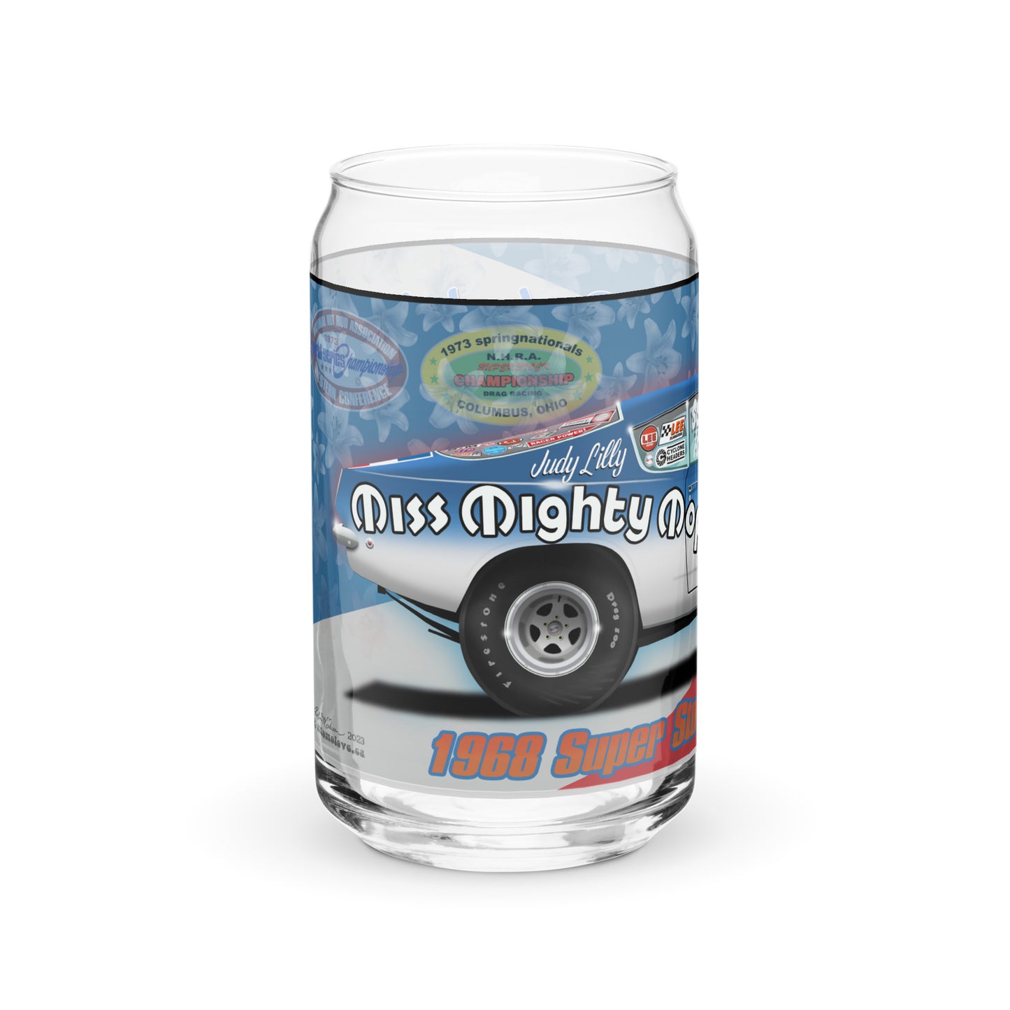 Judy Lilly Miss Mighty Mopar Can-shaped glass