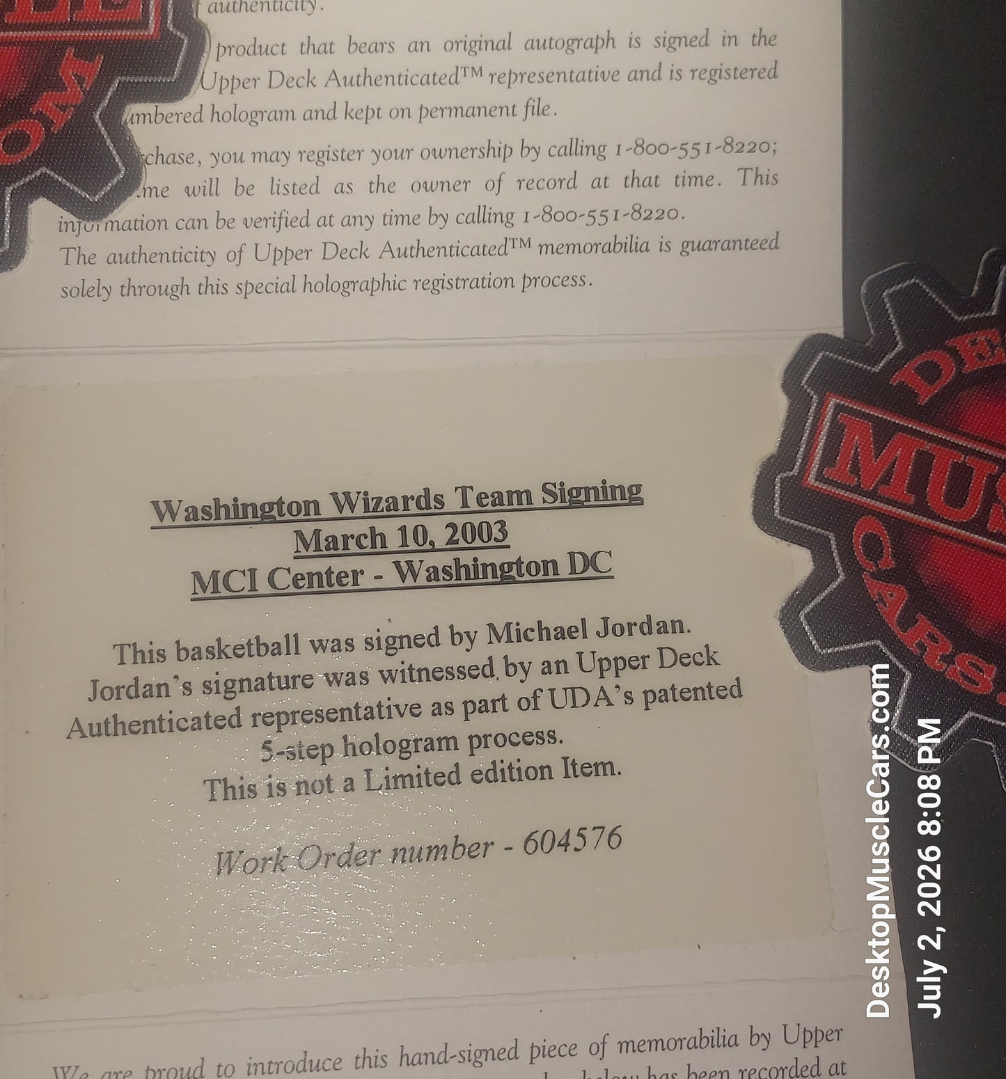 Michael Jordan Washington Wizards Team Signed Basketball with Upper Deck Authenticated numbered hologram and matching Certificate of Authenticity