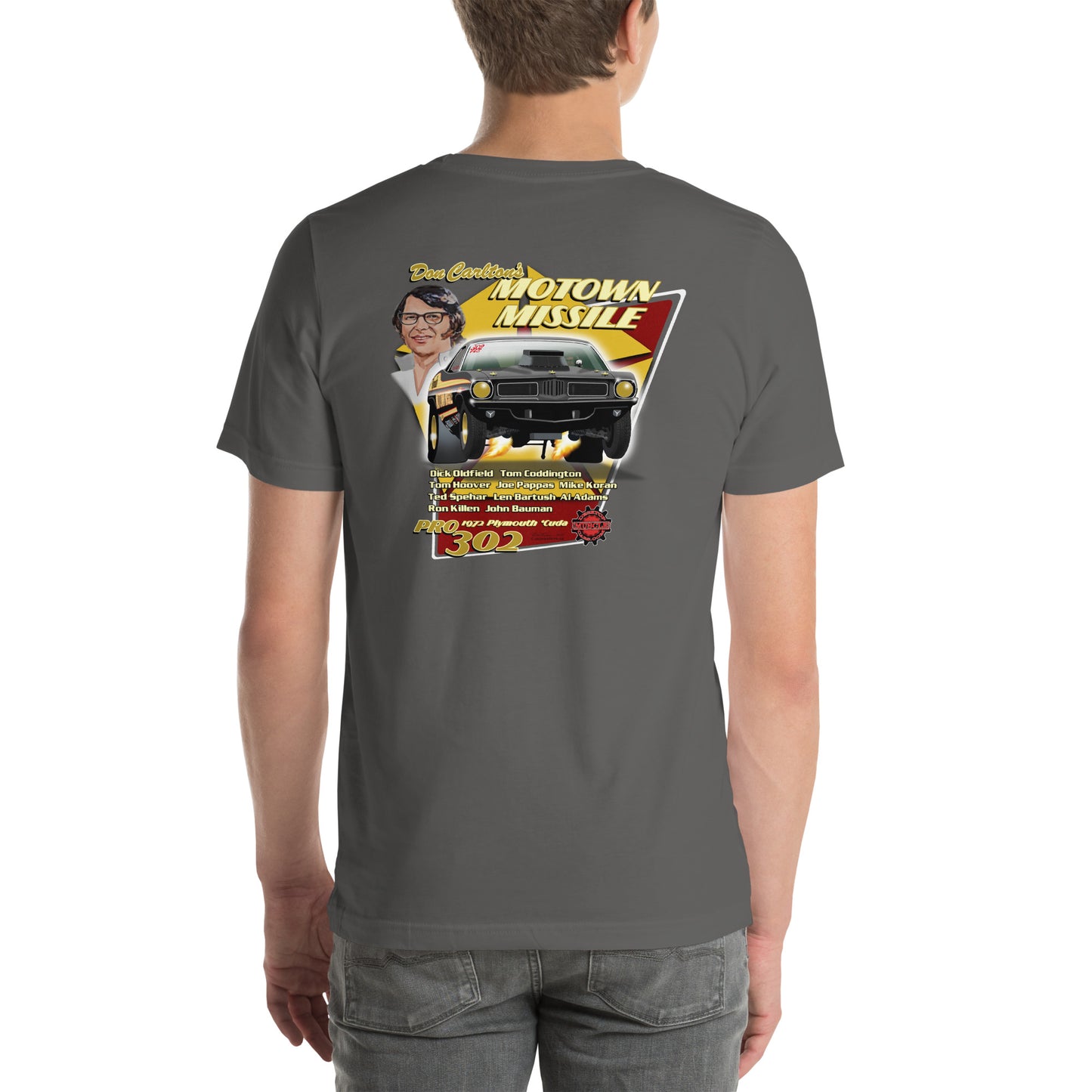 Motown Missile Cuda Unisex t-shirt design on back