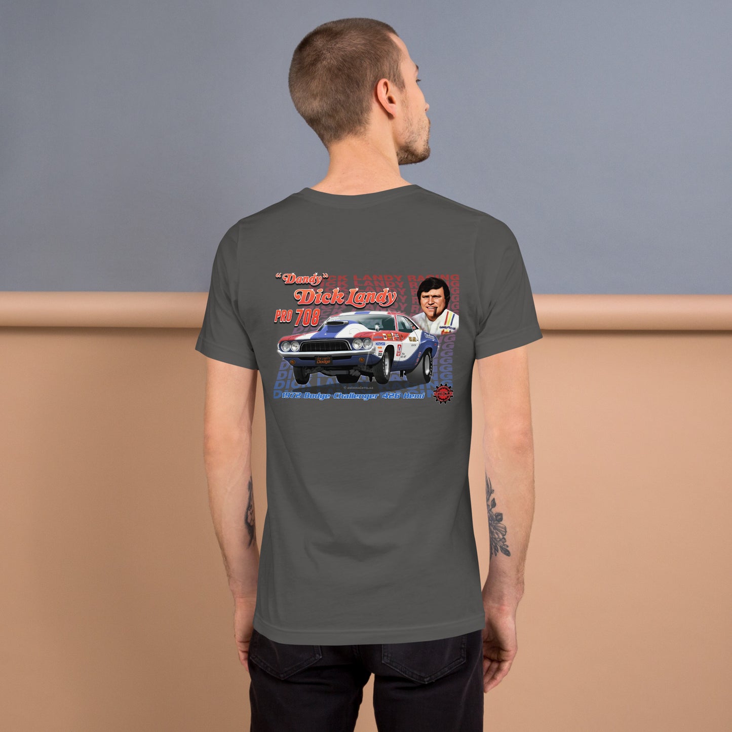 Dick Landy 1972 Challenger Unisex t-shirt design on back