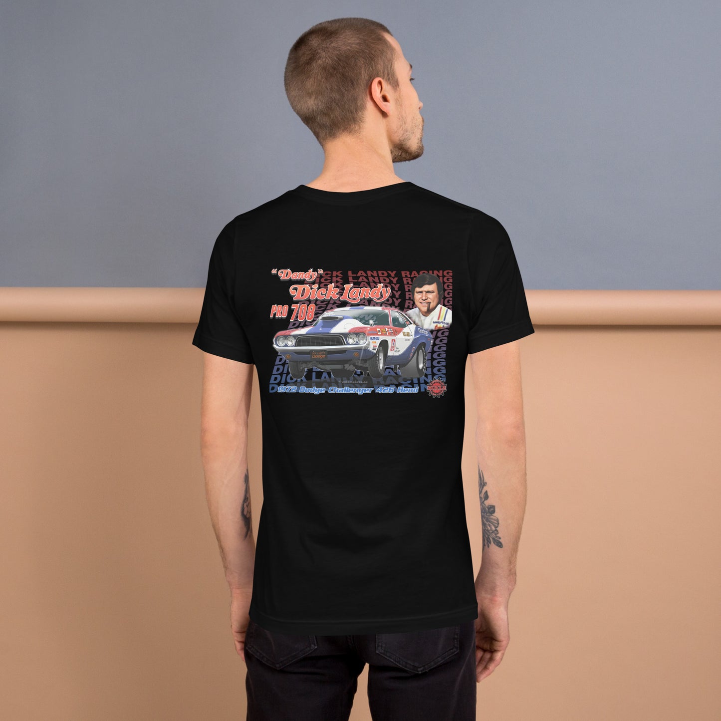 Dick Landy 1972 Challenger Unisex t-shirt design on back