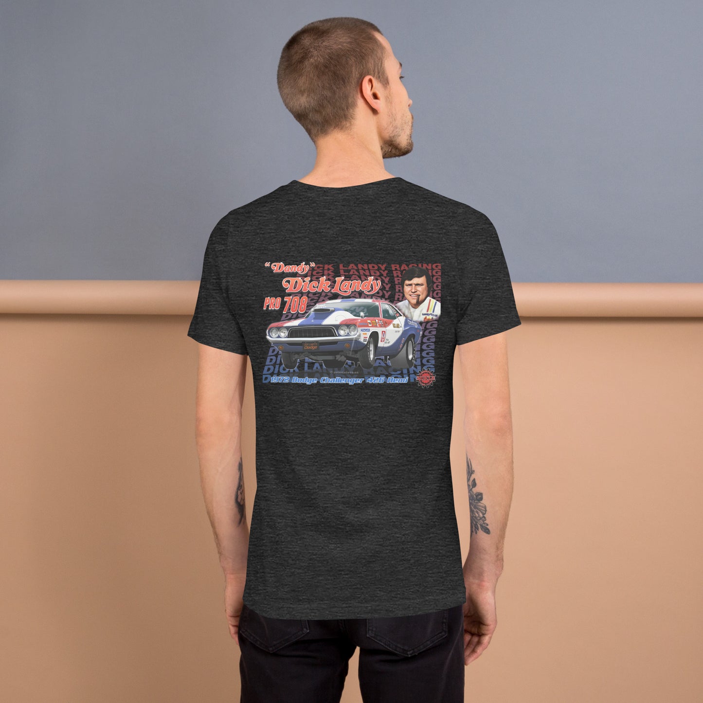 Dick Landy 1972 Challenger Unisex t-shirt design on back