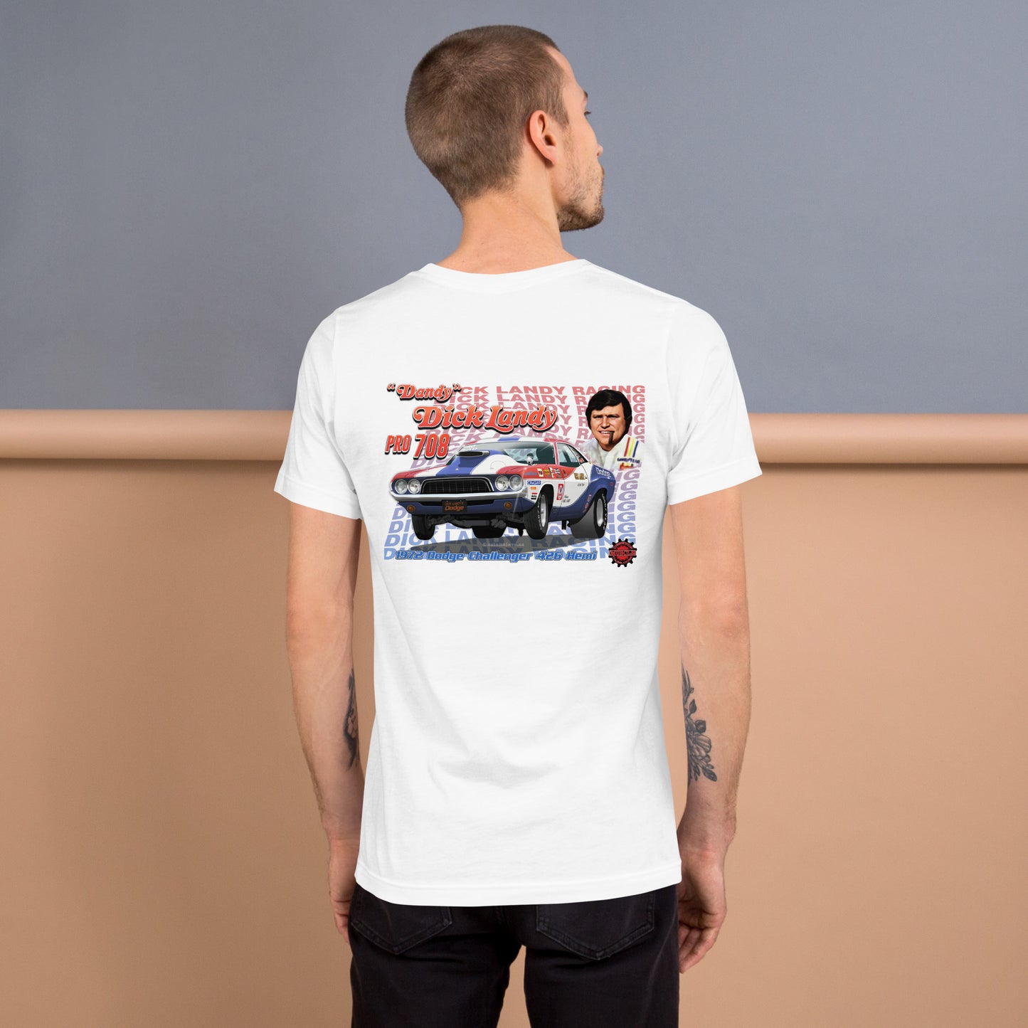 Dick Landy 1972 Challenger Unisex t-shirt design on back