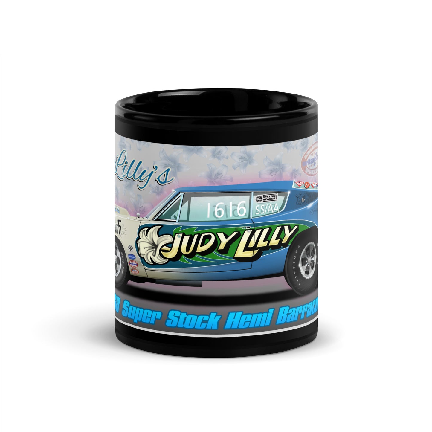 Judy Lilly Flower Car Black Glossy Mug