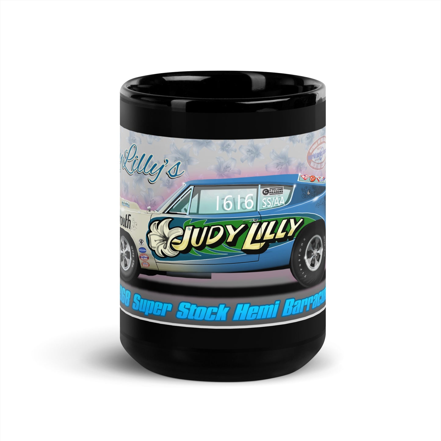 Judy Lilly Flower Car Black Glossy Mug